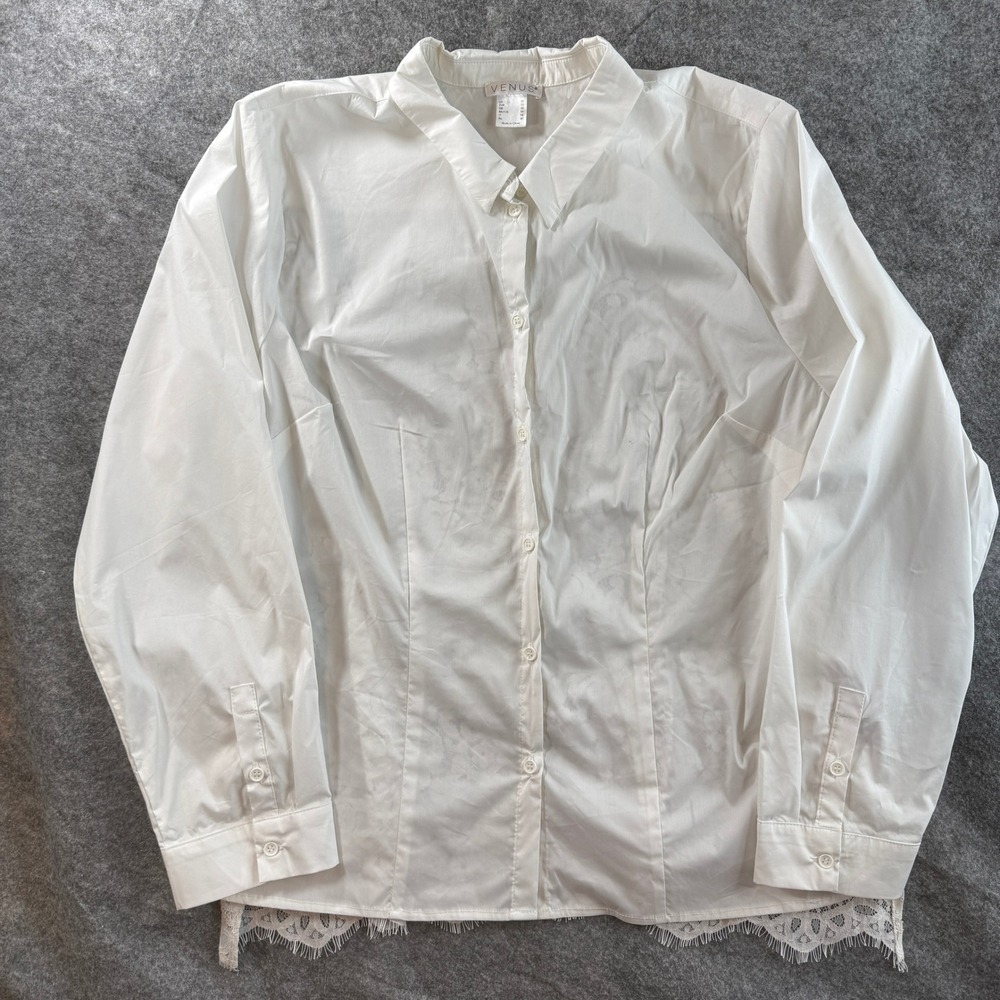 Venus Button Down Women 20 White Lace Back Eyelash Trim Long Sleeve Blouse